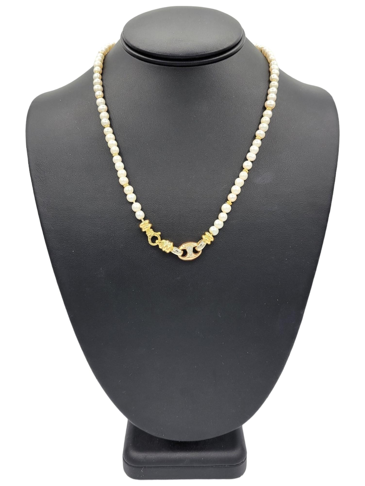 Round Cut Akoya Cultured Pearl and Gold Disc Bead Station Necklace in Yellow and Rose Gold For Sale