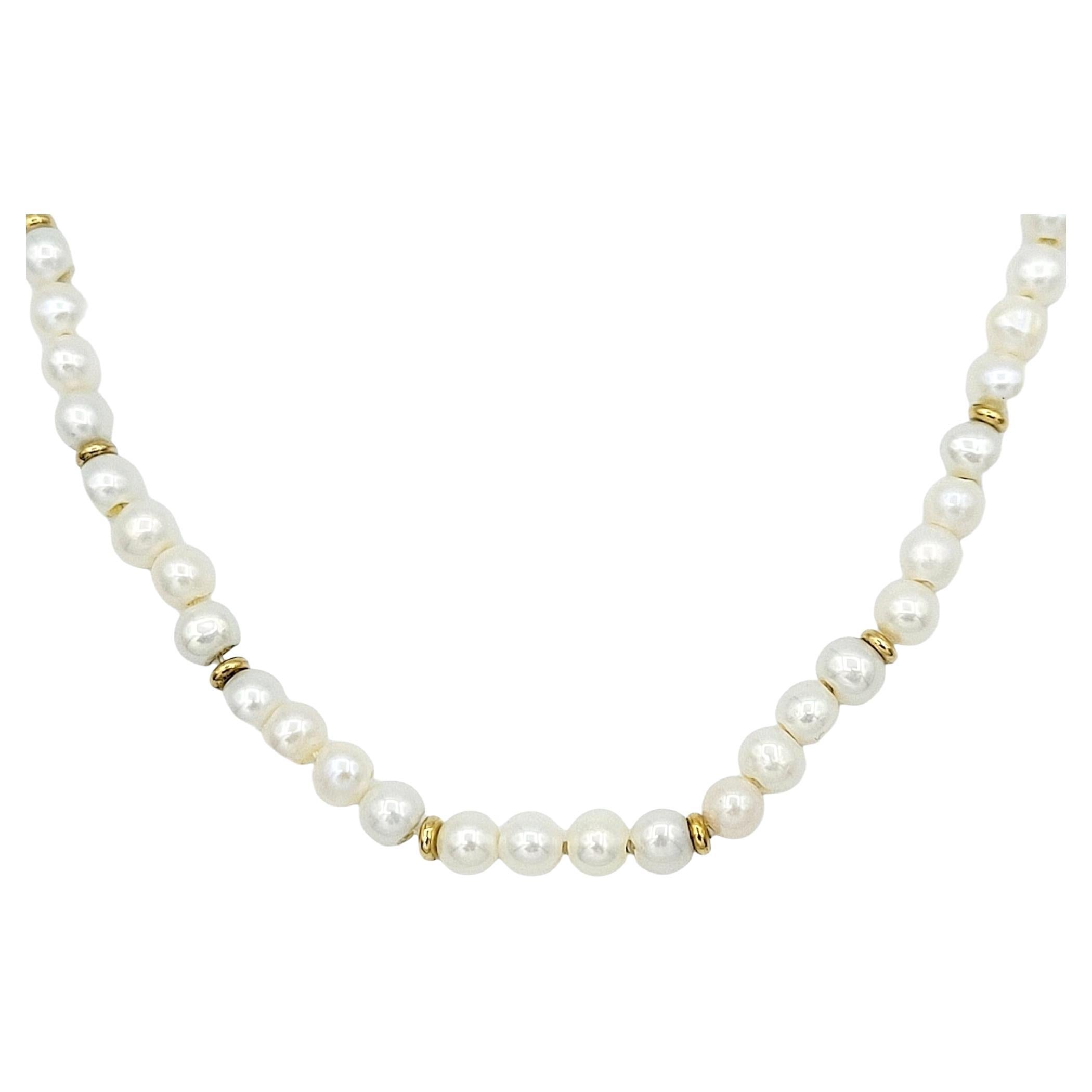 Akoya Cultured Pearl and Gold Disc Bead Station Necklace in Yellow and Rose Gold For Sale