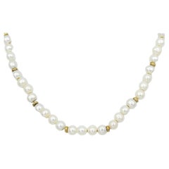 Akoya Cultured Pearl and Gold Disc Bead Station Necklace in Yellow and Rose Gold