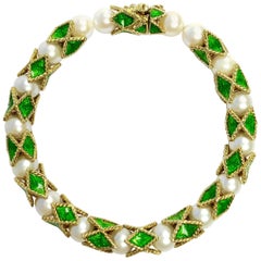 Akoya Cultured Pearl and Green Enamel Gold Bracelet