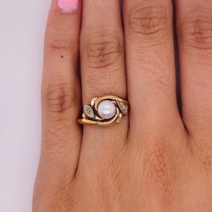 Akoya Cultured Pearl Birthstone Ring Wave Design and Diamond Accents 10K Gold Lv