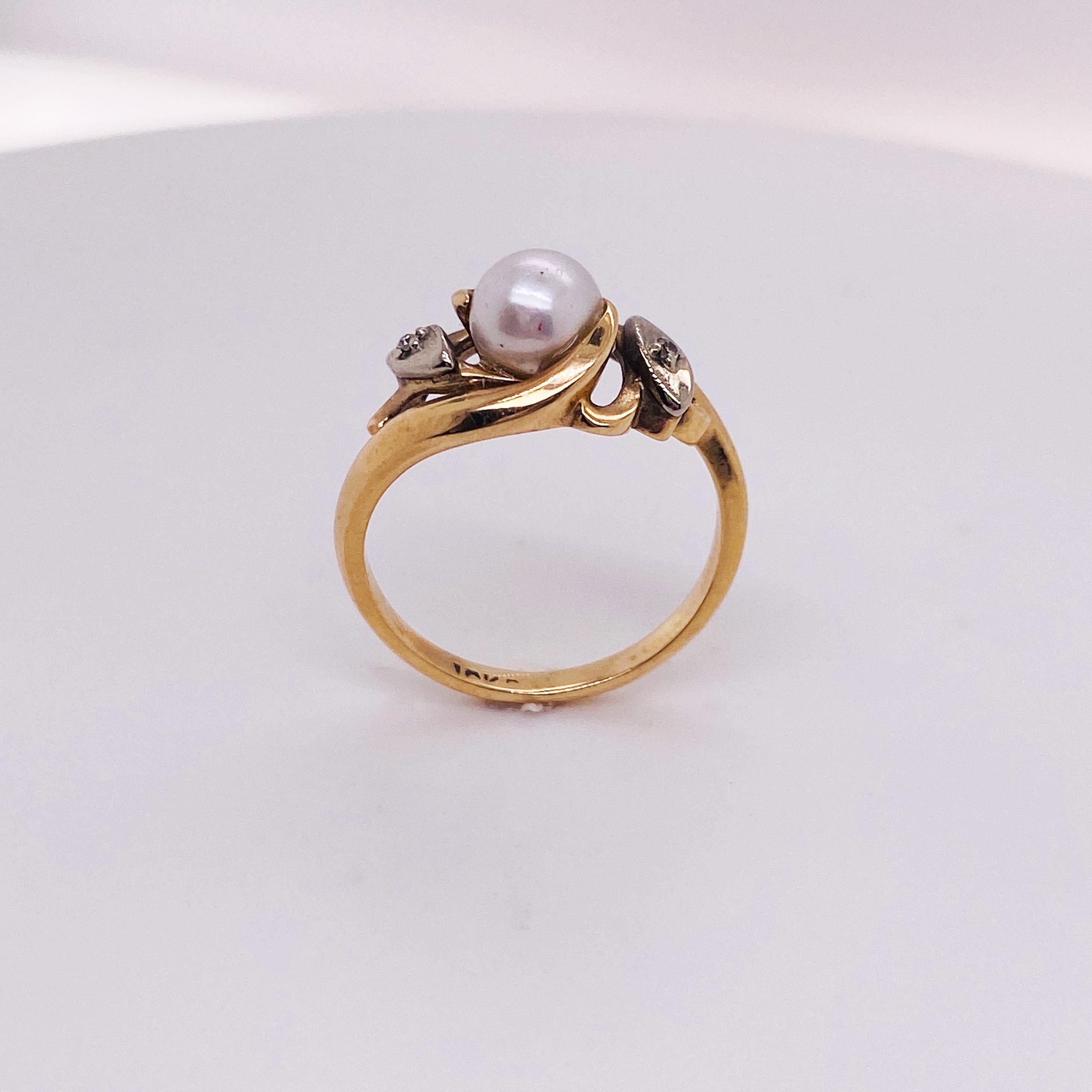 Round Cut Akoya Cultured Pearl Birthstone Ring Wave Design and Diamond Accents 10K Gold Lv