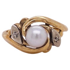 Antique Akoya Cultured Pearl Birthstone Ring Wave Design and Diamond Accents 10K Gold Lv