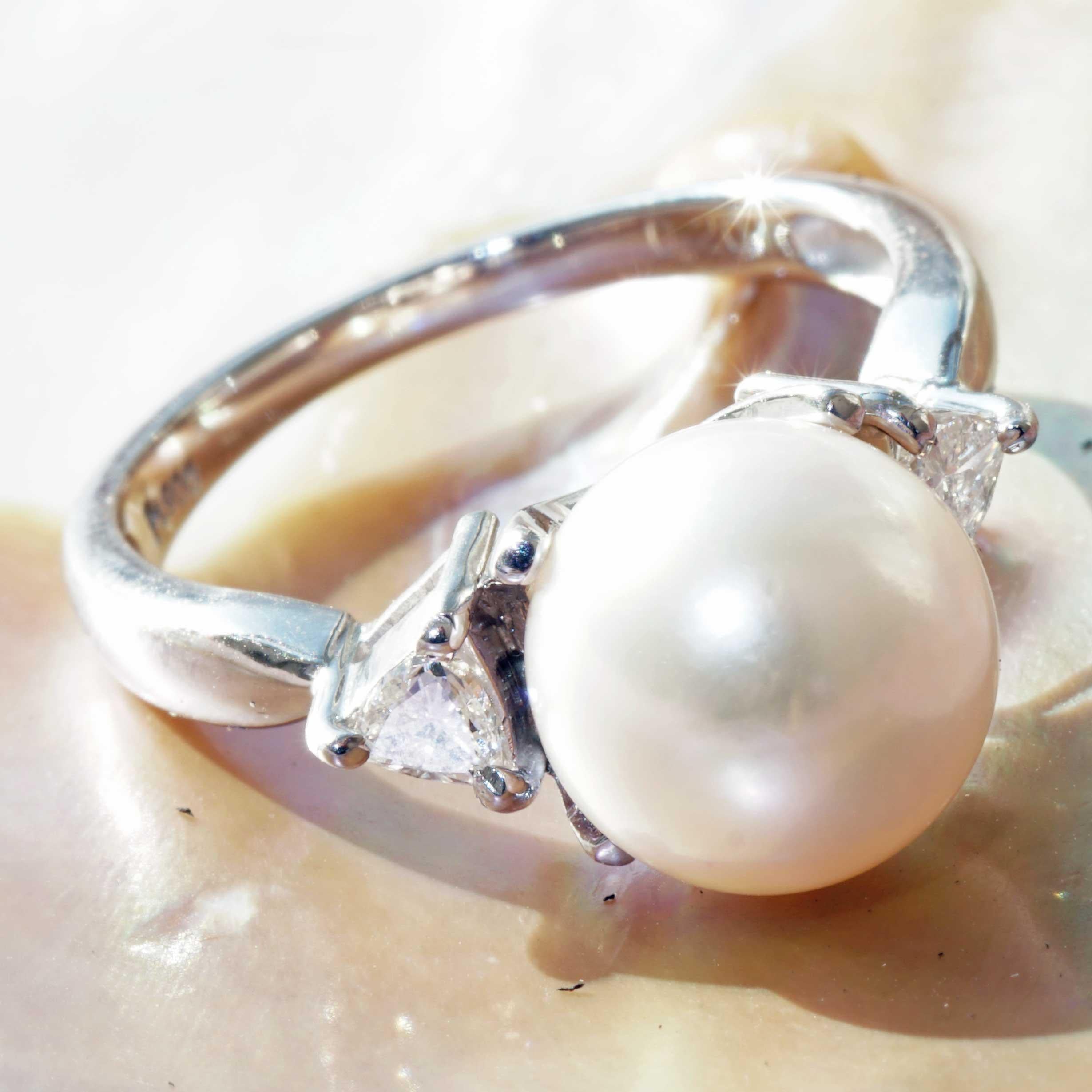 Taille trillion Perle de culture Akoya Bague brillante Platine 0.20 ct 9 mm AAA+ TW Loupeclean en vente