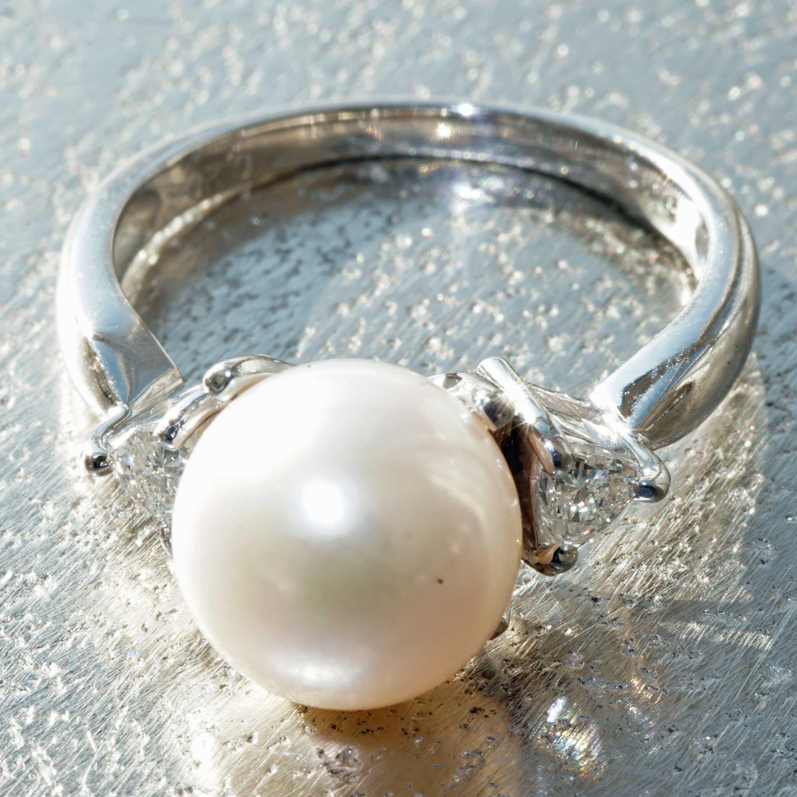 Perle de culture Akoya Bague brillante Platine 0.20 ct 9 mm AAA+ TW Loupeclean en vente 1