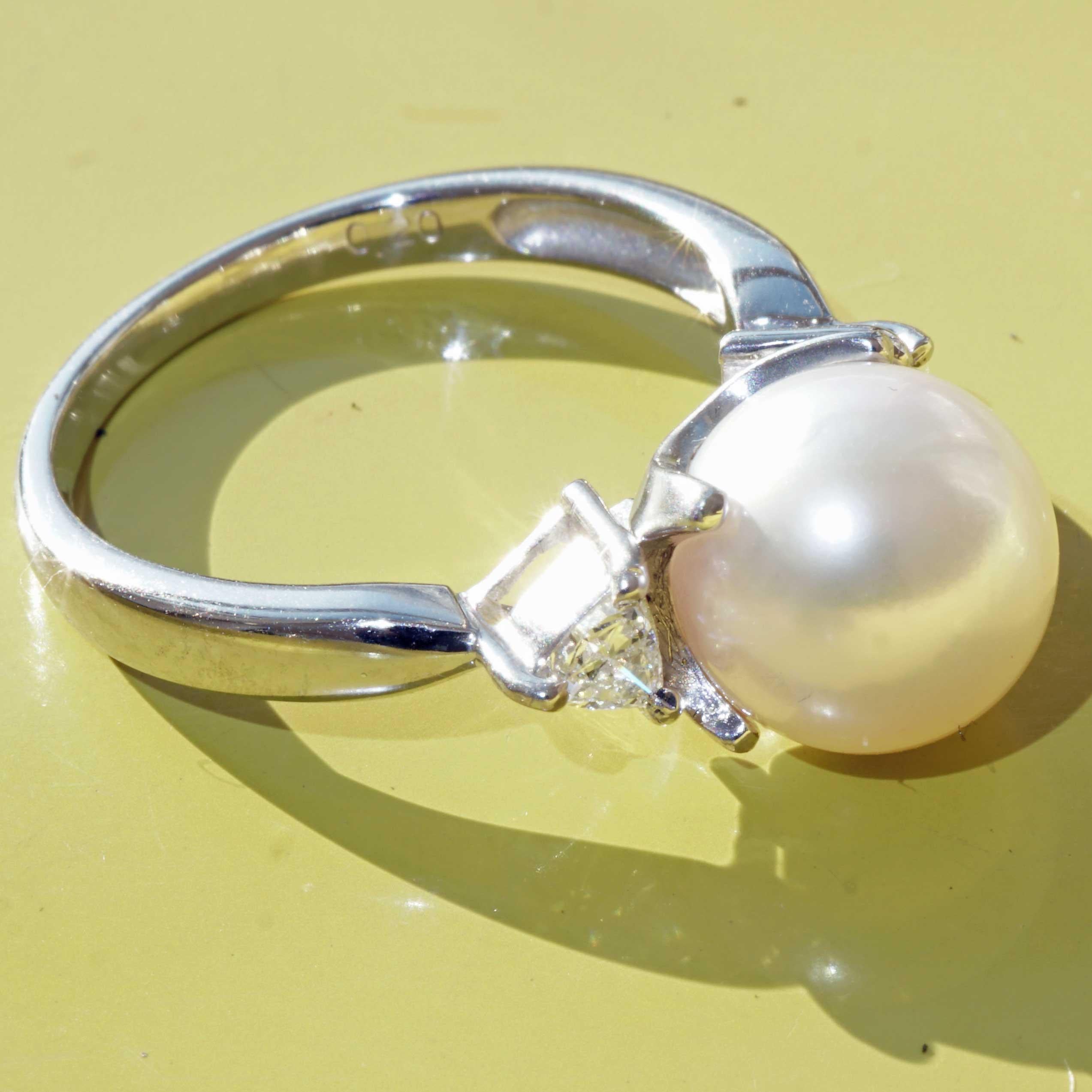 Perle de culture Akoya Bague brillante Platine 0.20 ct 9 mm AAA+ TW Loupeclean en vente 2
