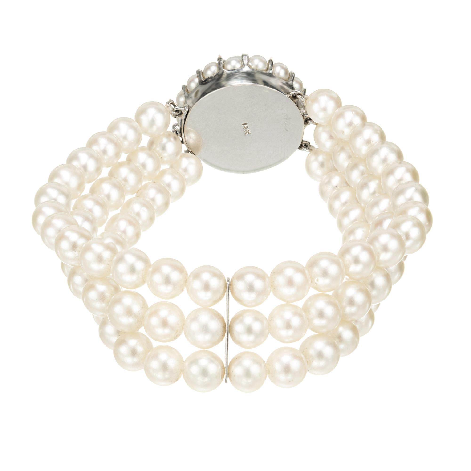 Round Cut Akoya Cultured Pearl Diamond Gold Multi-Strand Bracelet For Sale