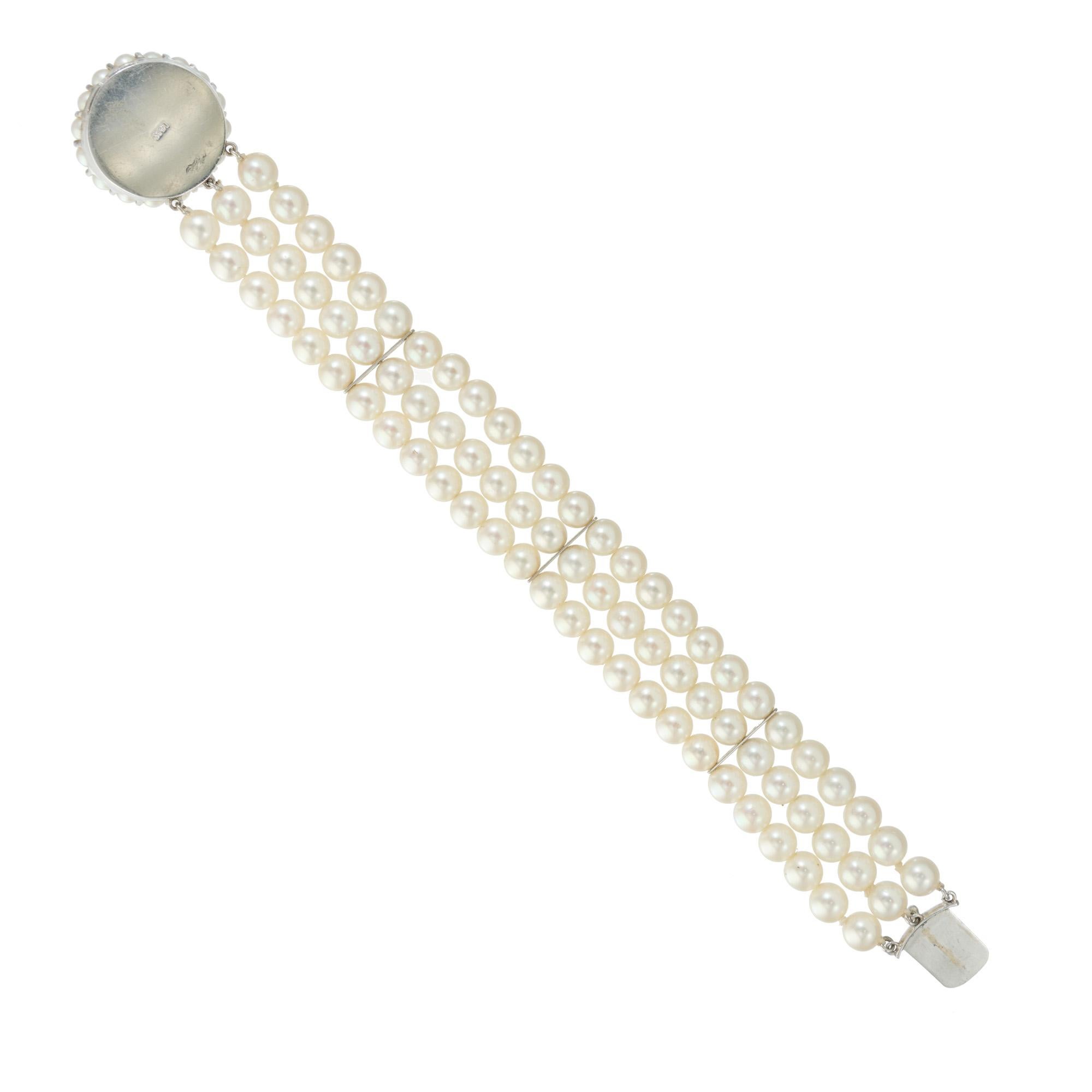 Women's Akoya Cultured Pearl Diamond Gold Multi-Strand Bracelet For Sale