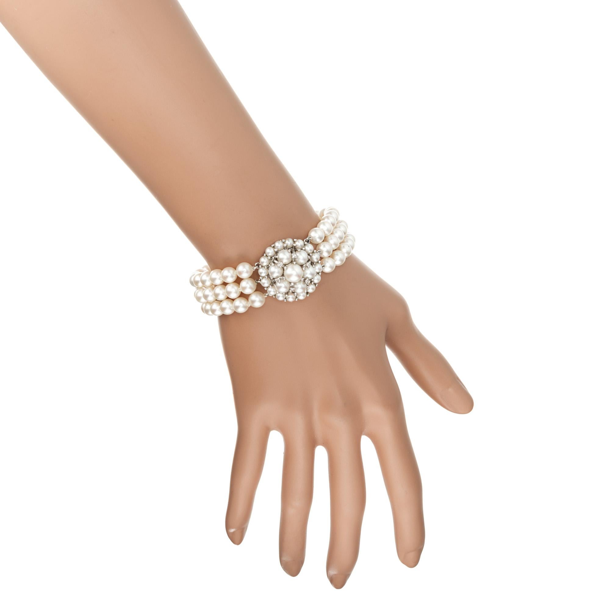 Akoya Cultured Pearl Diamond Gold Multi-Strand Bracelet For Sale 2