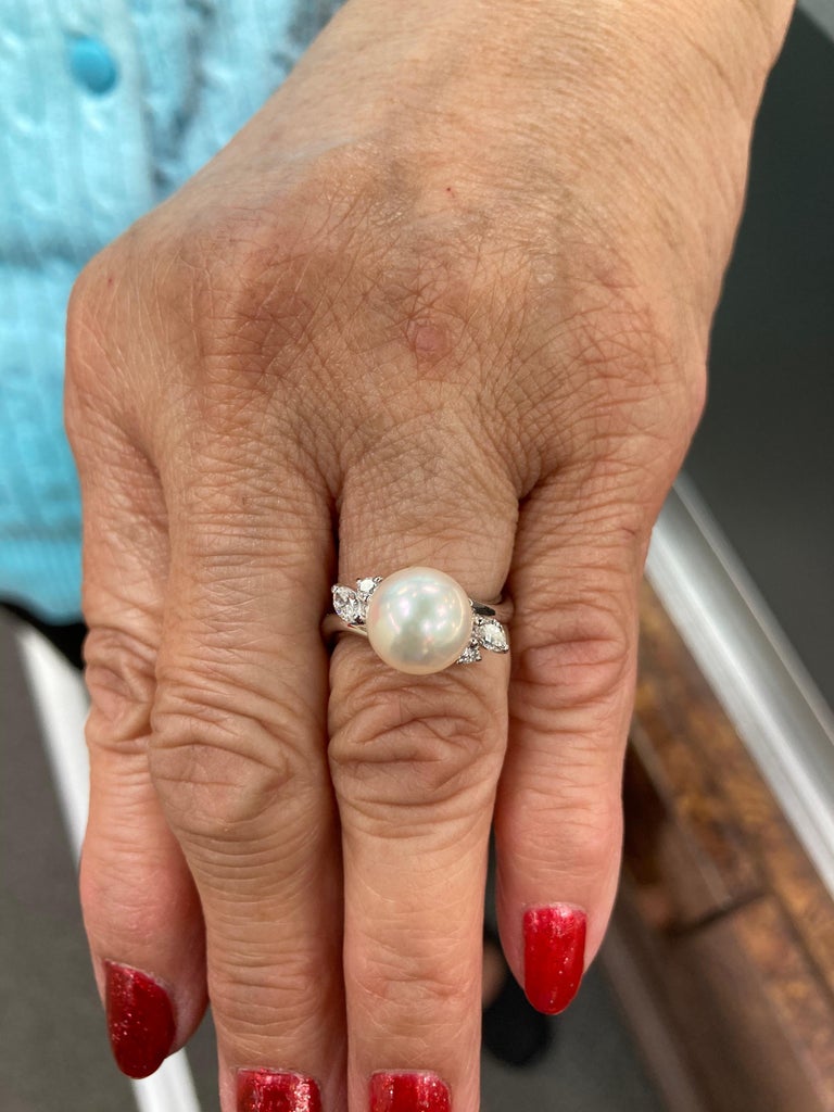 Women's Akoya Cultured Pearl Diamond Platinum Ring For Sale
