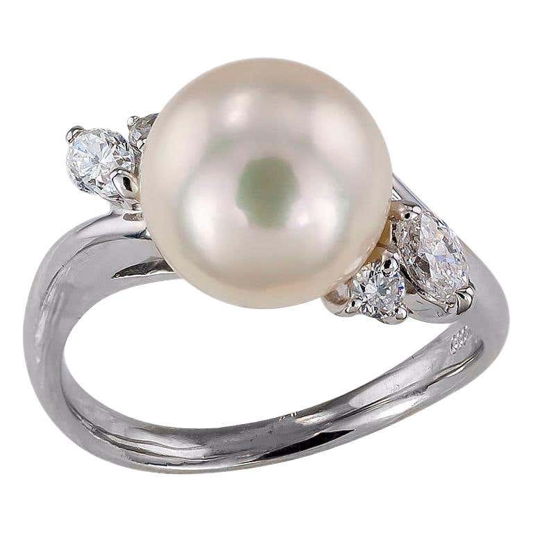 Cultured Pearl Diamond Platinum Triple Cluster Ring For Sale at 1stDibs