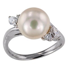 Akoya Bague en platine avec perle de culture et diamants
