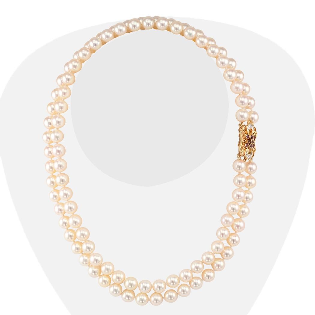 Contemporary Akoya Cultured Pearl Double Strand Necklace Ruby Diamond Gold