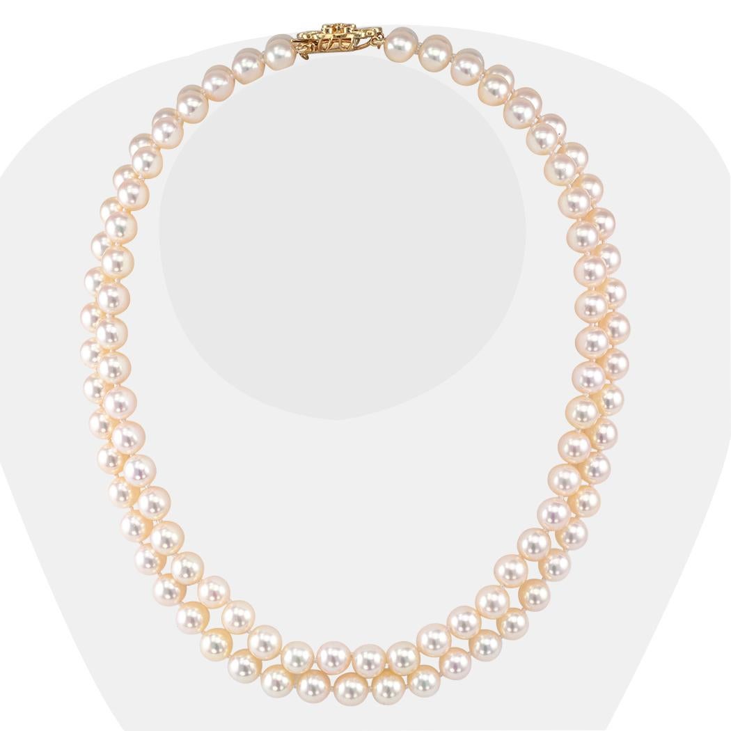 Akoya Cultured Pearl Double Strand Necklace Ruby Diamond Gold In Good Condition In Los Angeles, CA
