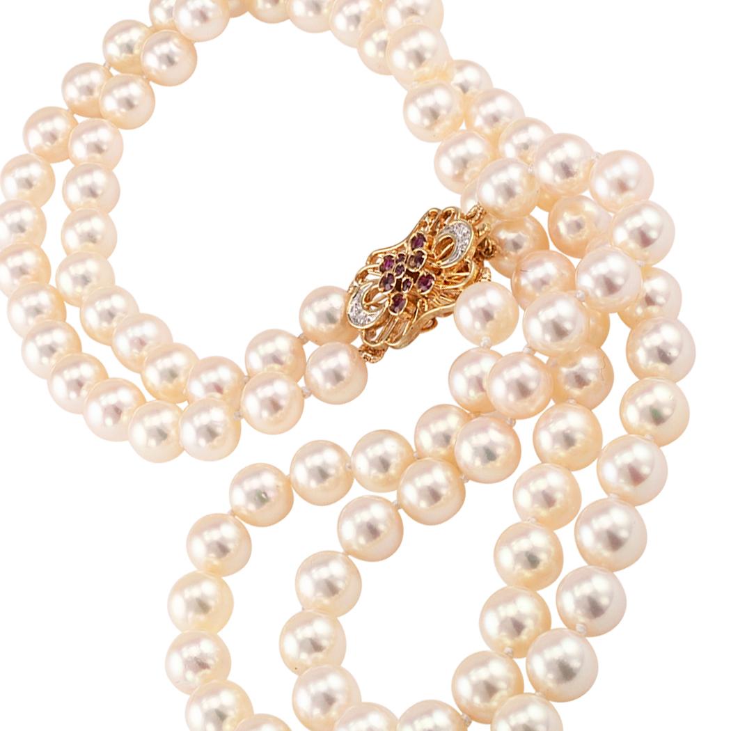 Women's Akoya Cultured Pearl Double Strand Necklace Ruby Diamond Gold