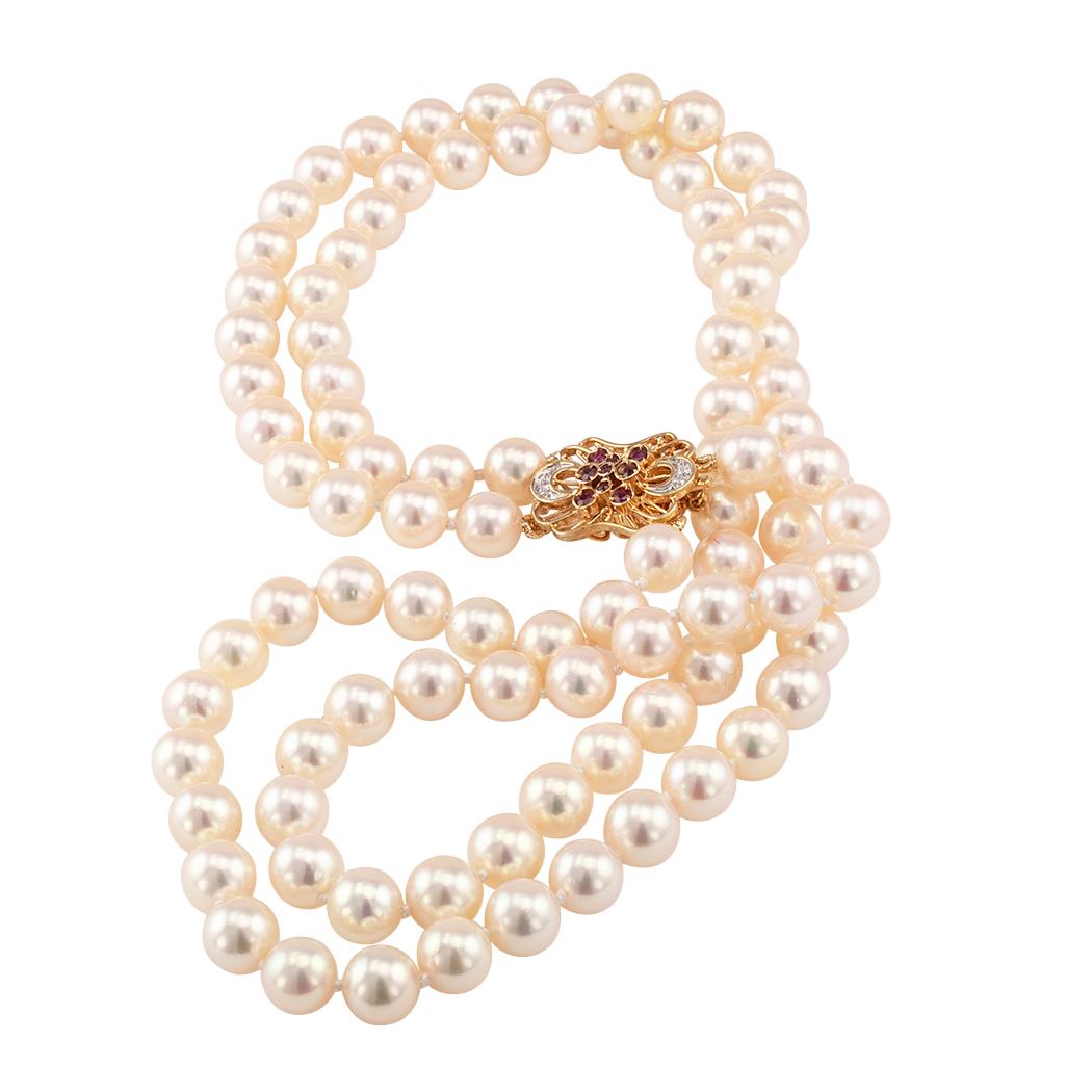 Akoya Cultured Pearl Double Strand Necklace Ruby Diamond Gold