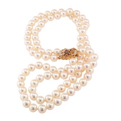 Akoya Cultured Pearl Double Strand Necklace Ruby Diamond Gold