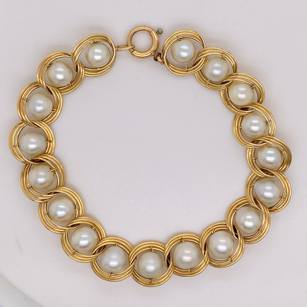 Artisan Akoya Cultured Pearl Handmade Bracelet in 14K Yellow Gold, Fits 7 Inch Wrist