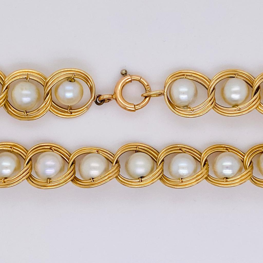 Round Cut Akoya Cultured Pearl Handmade Bracelet in 14K Yellow Gold, Fits 7 Inch Wrist