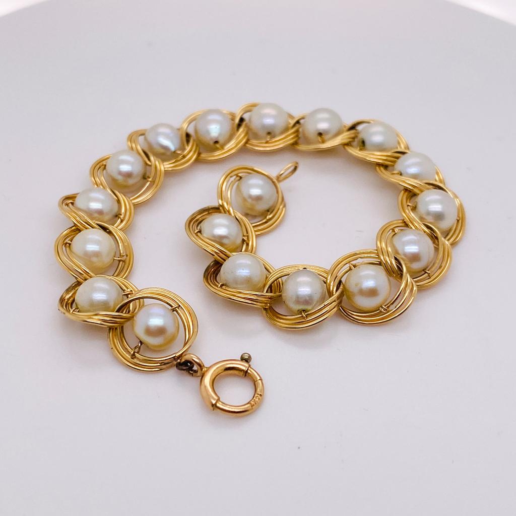 Women's Akoya Cultured Pearl Handmade Bracelet in 14K Yellow Gold, Fits 7 Inch Wrist