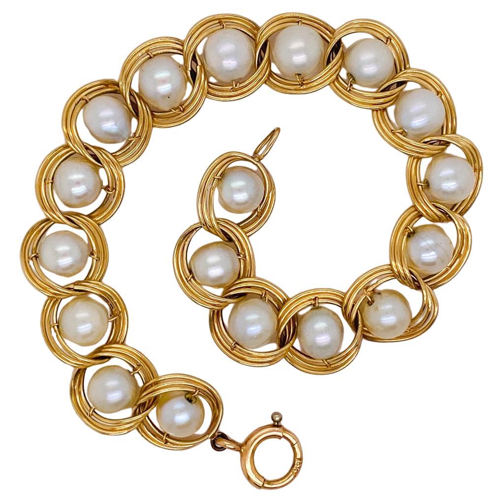 Pulsera hecha a mano de perlas cultivadas Akoya en oro amarillo de 14 quilates, para muñeca de 7 pulgadas