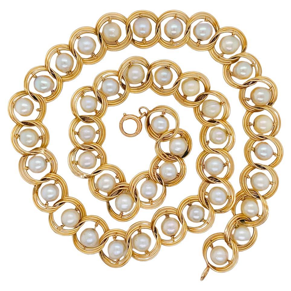 Akoya Cultured Pearl Handmade Necklace in 14K Yellow Gold, 17.5 Inches For Sale