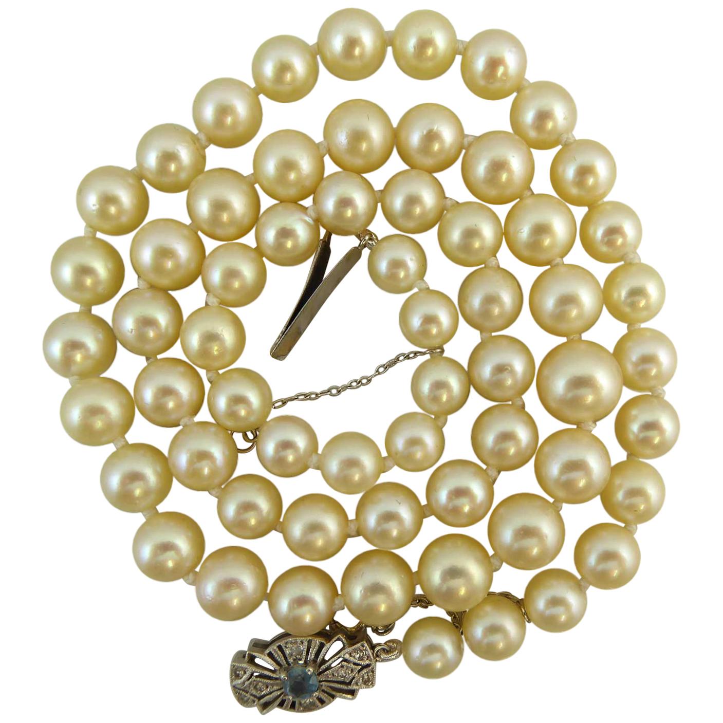 Akoya Cultured Pearl Single Row Necklace, Aquamarine Diamond Clasp, Pre-Owned