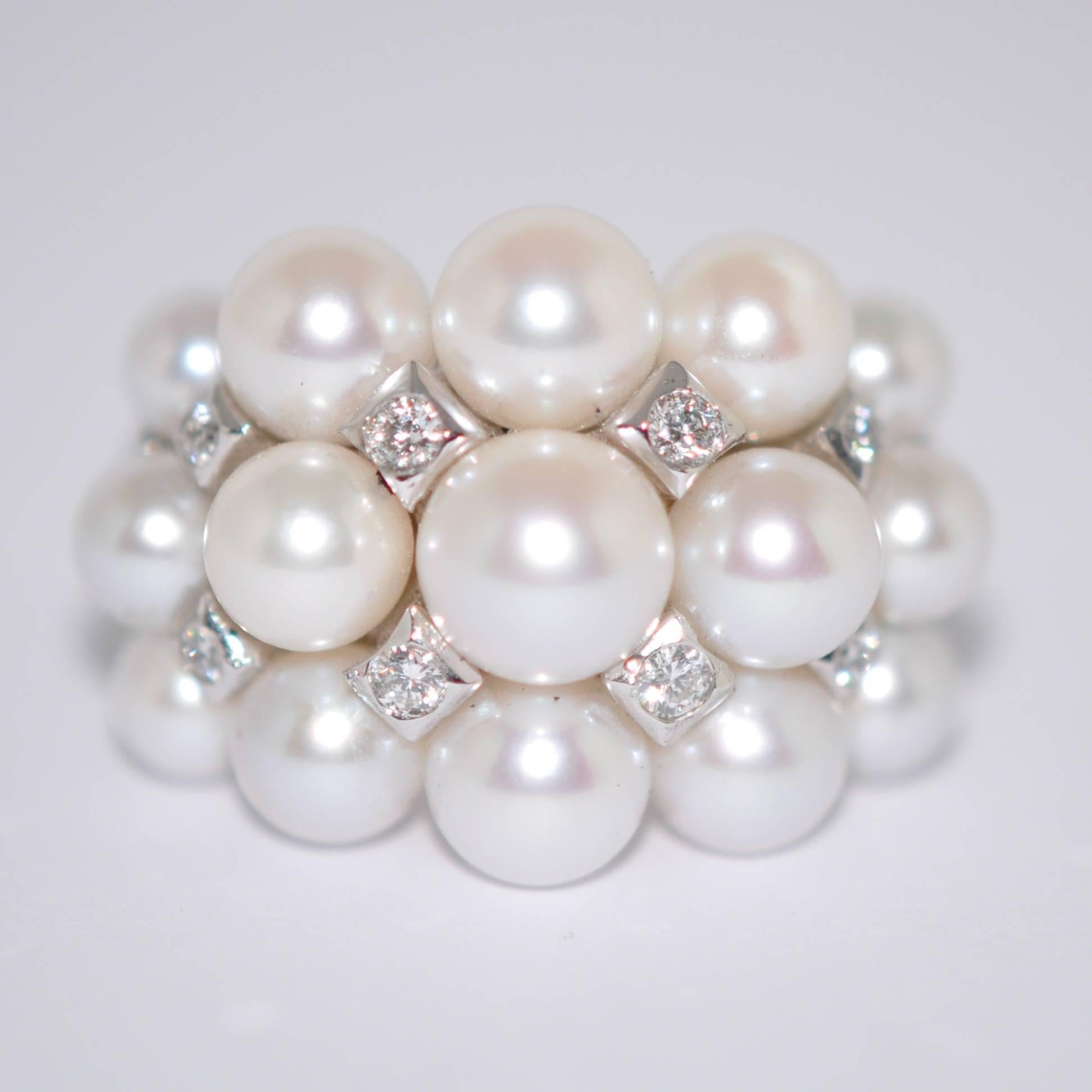 Women's Akoya Cultured Pearls and White Diamonds on White Gold 18 Karat Dome Ring