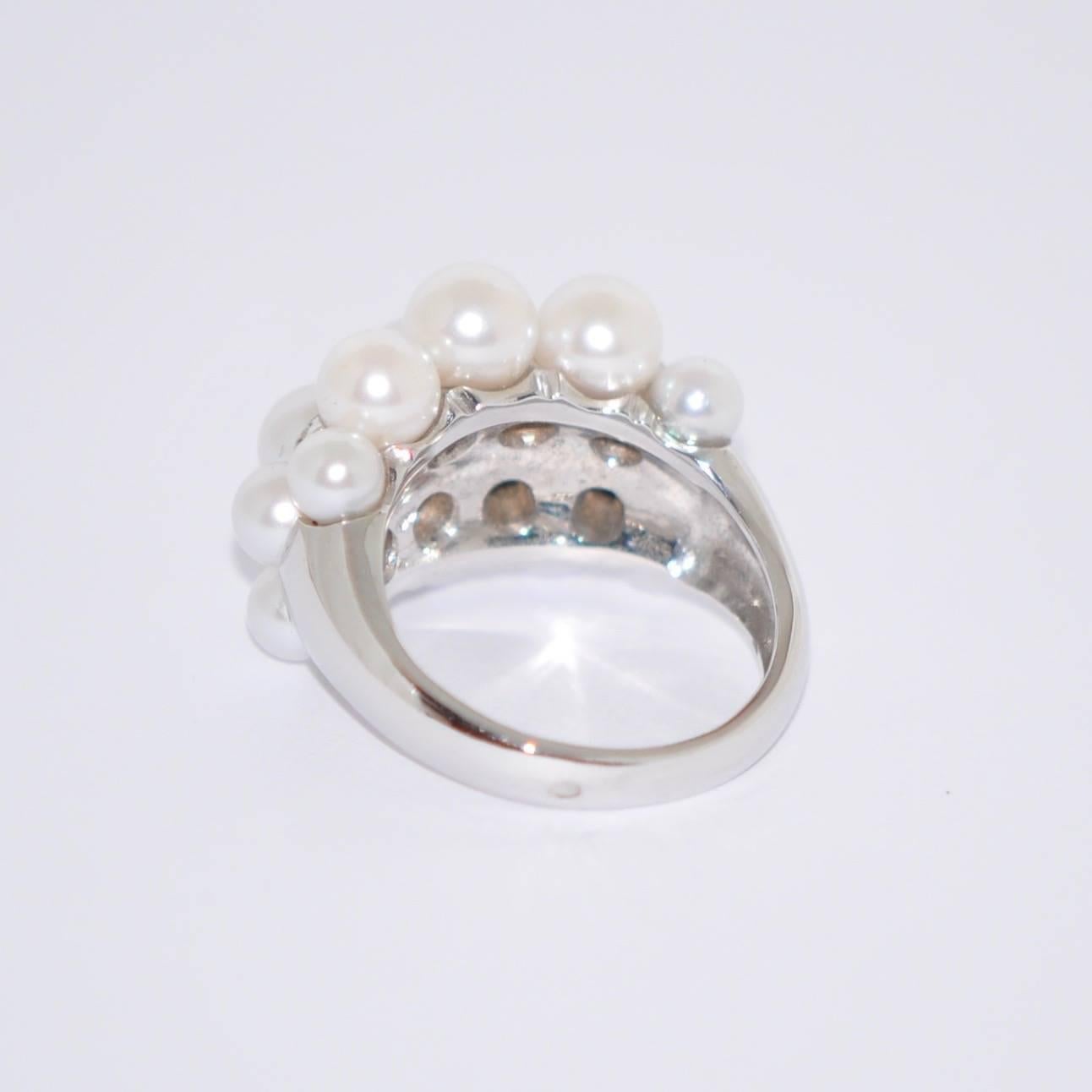 Akoya Cultured Pearls and White Diamonds on White Gold 18 Karat Dome Ring 1