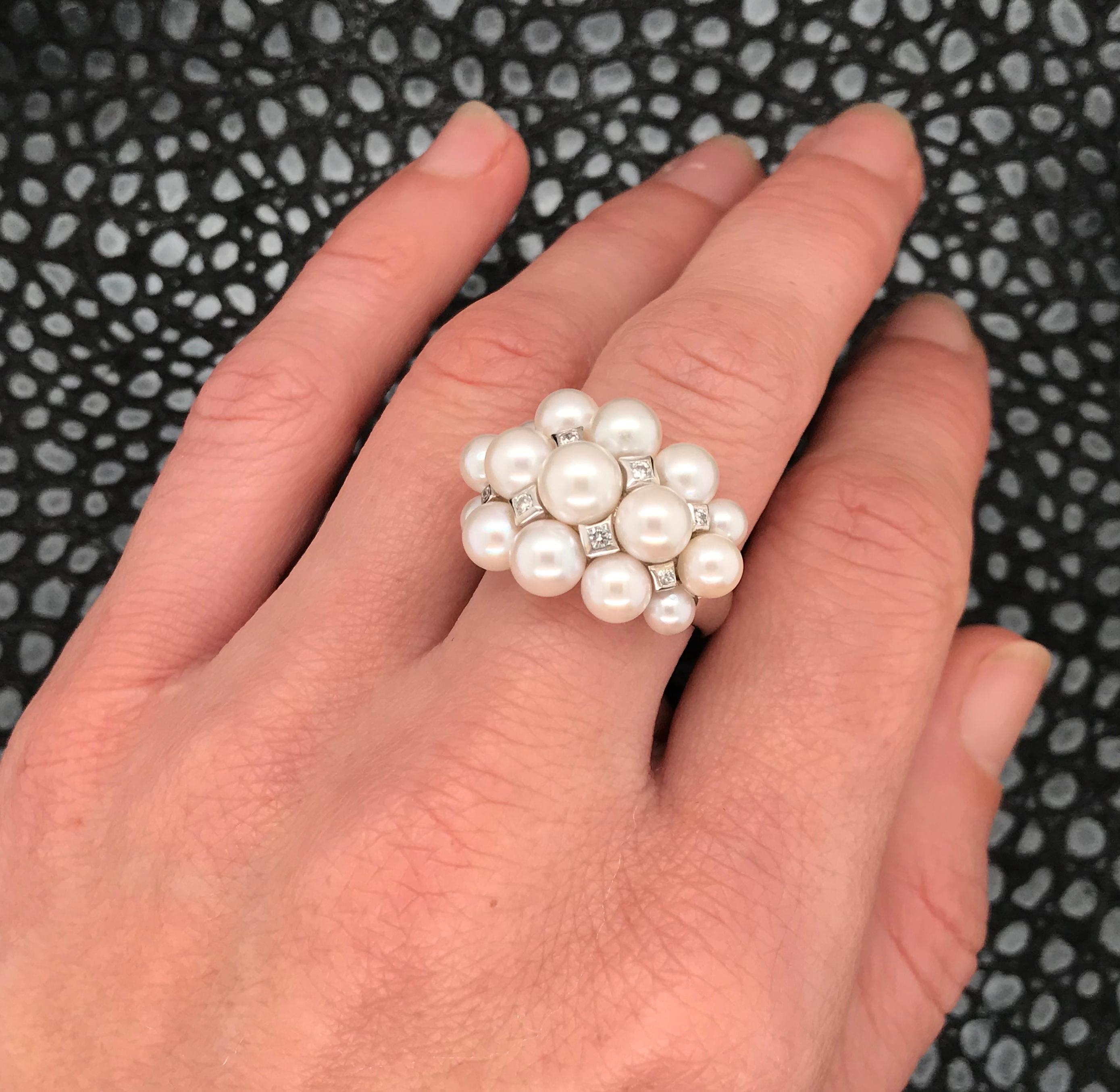 Women's Akoya Cultured Pearls and White Diamonds on White Gold 18 Karat Dome Ring