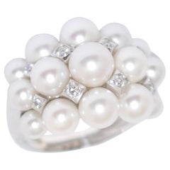 Akoya Cultured Pearls and White Diamonds on White Gold 18 Karat Dome Ring