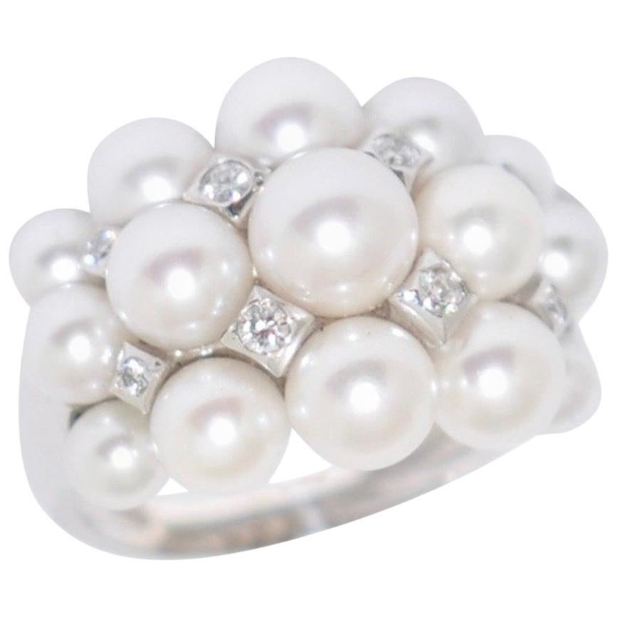 Akoya Cultured Pearls and White Diamonds on White Gold 18 Karat Dome Ring