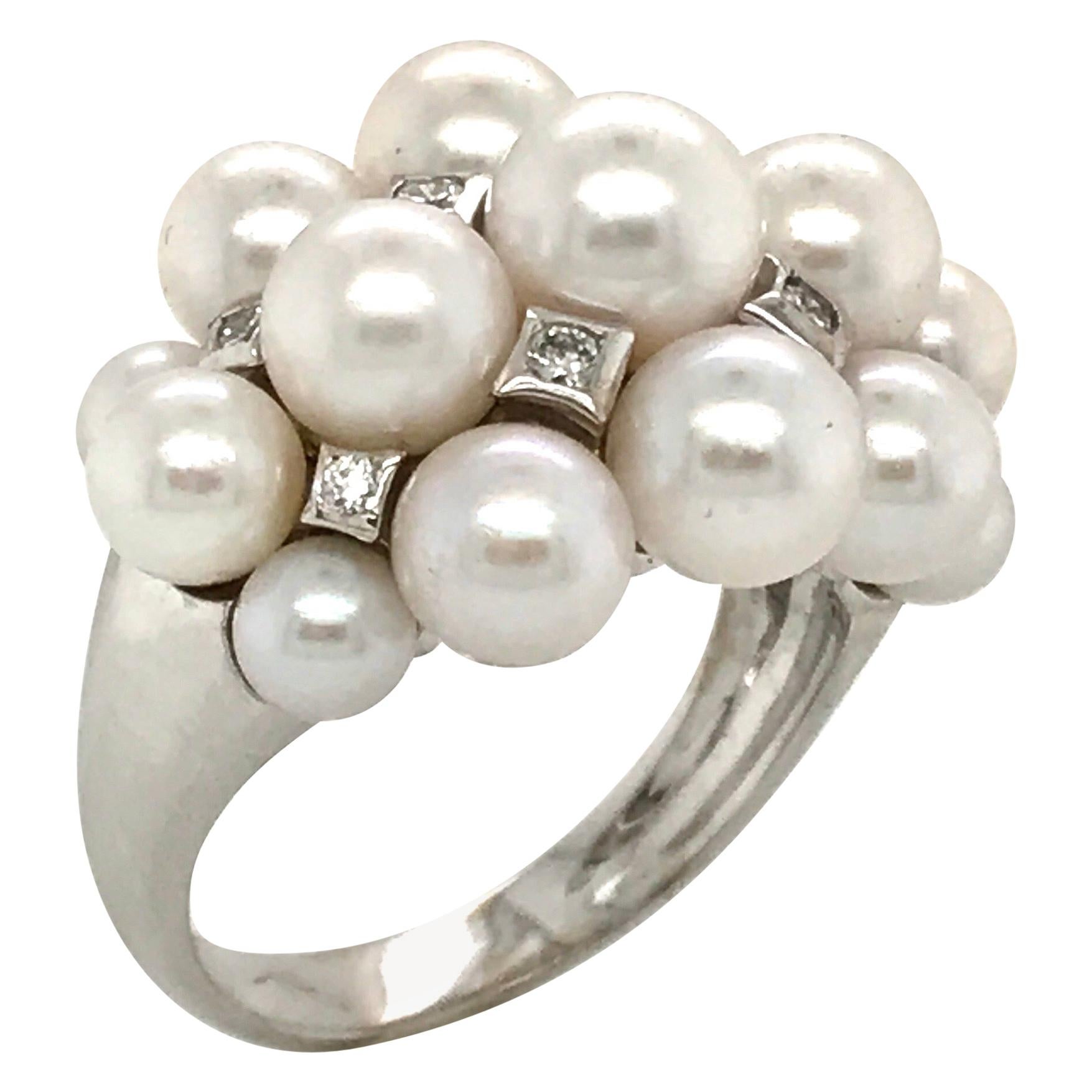 Akoya Cultured Pearls and White Diamonds on White Gold 18 Karat Dome Ring