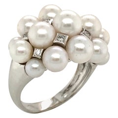 Akoya Cultured Pearls and White Diamonds on White Gold 18 Karat Dome Ring