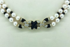Akoya Japanese Double Strand Pearl Diamond Necklace 18 Karat Yellow Gold