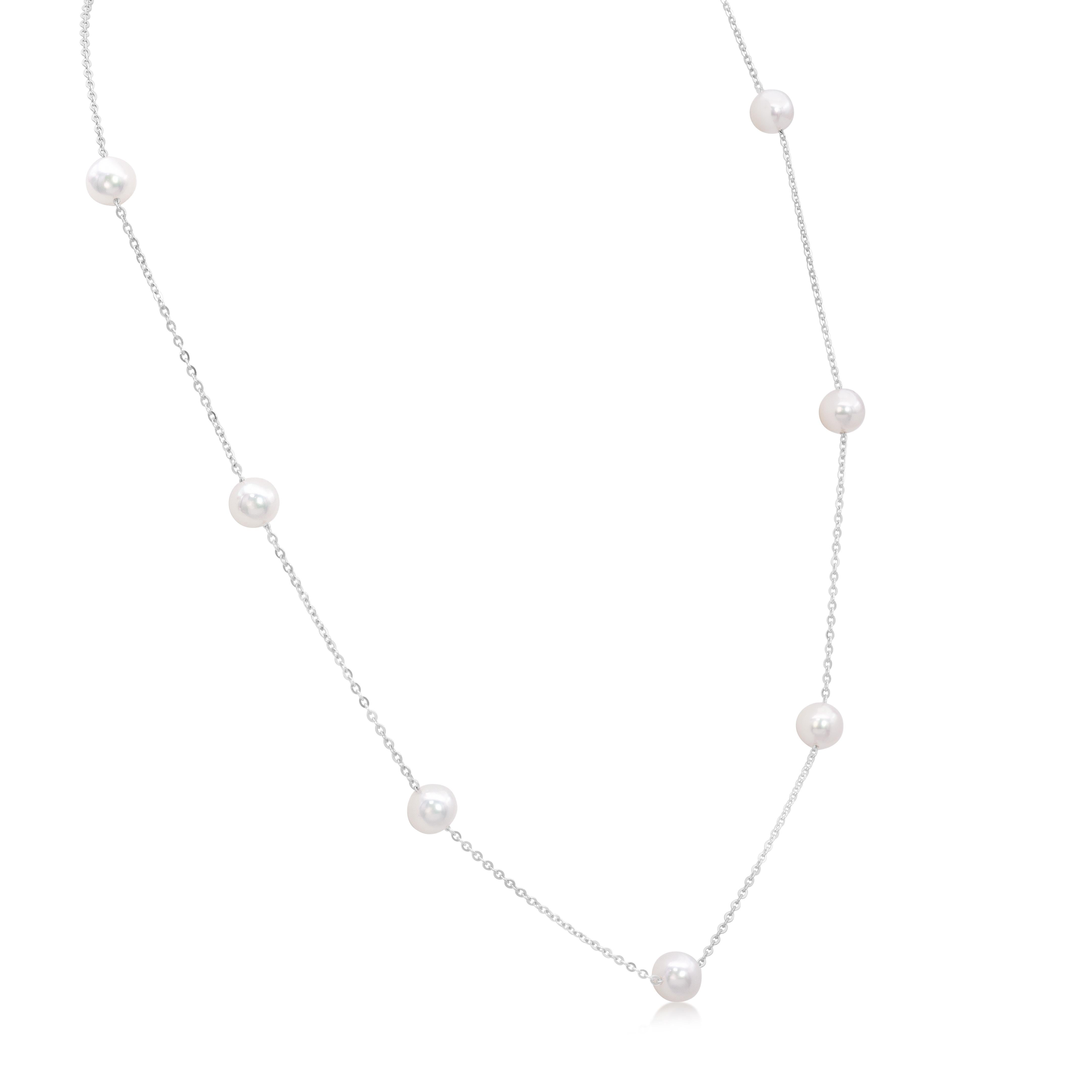 A gorgeous necklace, featuring seven Akoya Japanese pearls of 6.50-7 mm in thickness. This pearls by the yard necklace is finely made with 14K white gold, 18 inches in length. Perfect for formal or casual wear. 

Roman Malakov is a custom house,