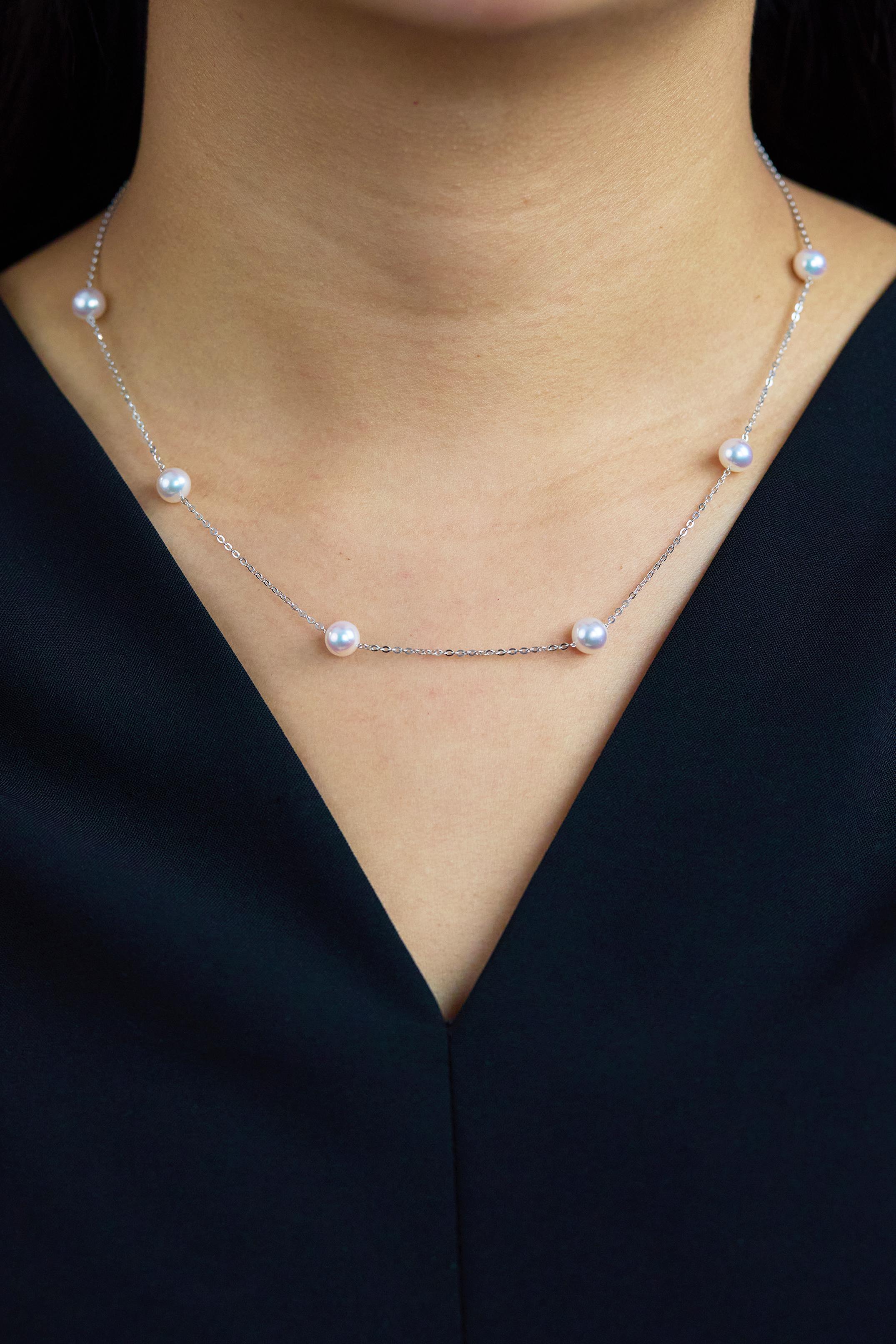 Round Cut Akoya Japanese Pearls By the Yard Necklace in White Gold For Sale
