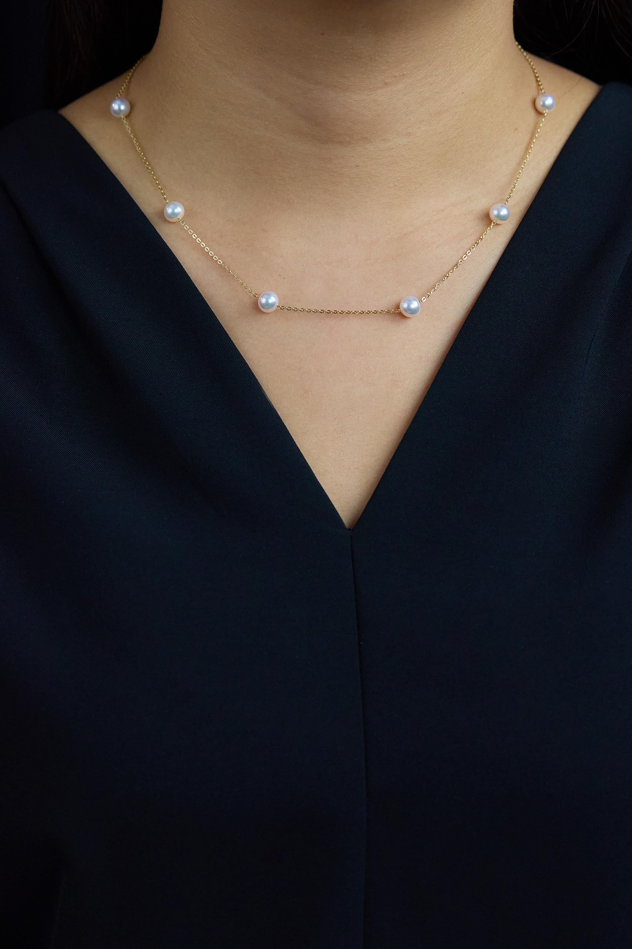 Contemporary Akoya Japanese Pearls By the Yard Necklace in Yellow Gold For Sale