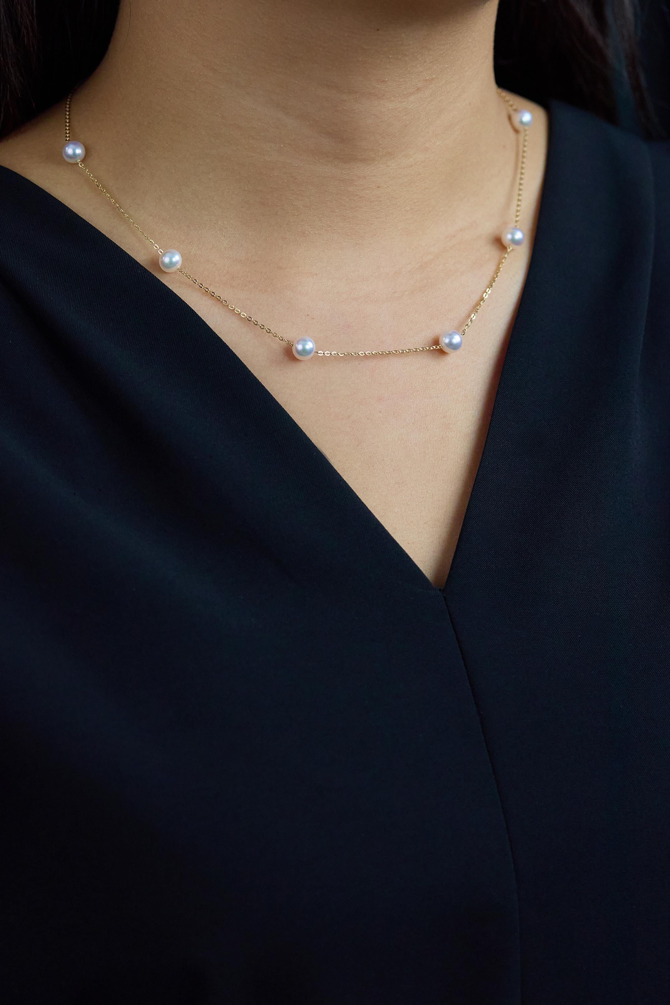 Round Cut Akoya Japanese Pearls By the Yard Necklace in Yellow Gold For Sale