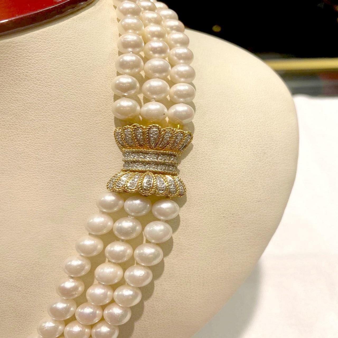 Round Cut Akoya Japanese Pearls with a 14k Gold Clasp with Diamonds