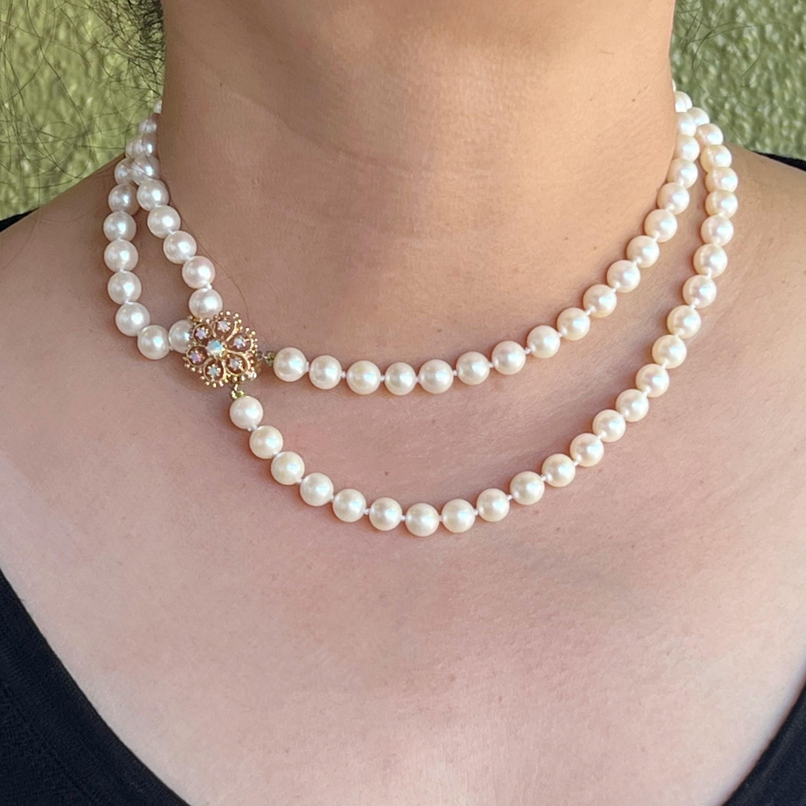 Akoya Japanese White Pearl 14 Karat and Opal Convertible Clasp Necklace In Excellent Condition For Sale In Berkeley, CA