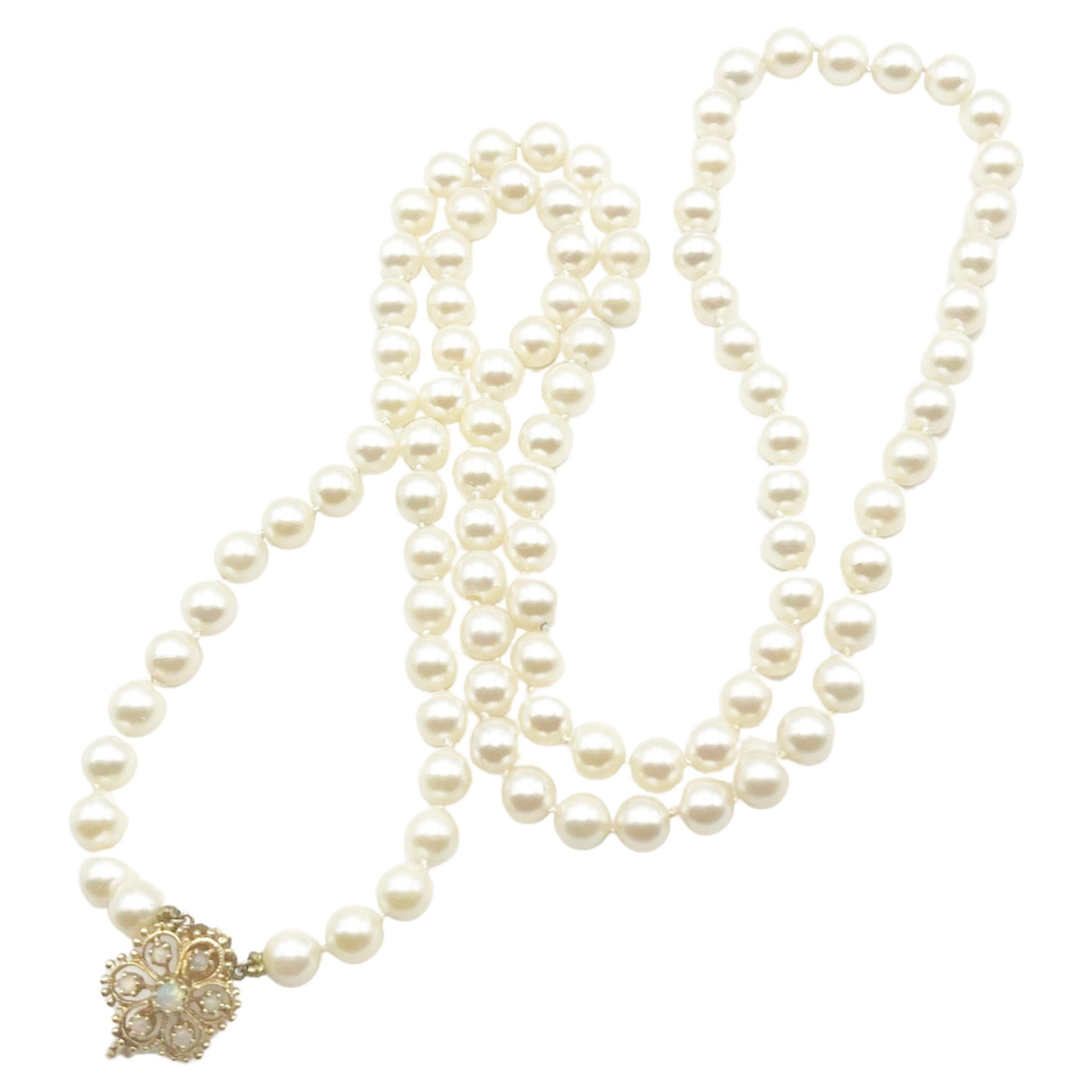Akoya Japanese White Pearl 14 Karat and Opal Convertible Clasp Necklace For Sale