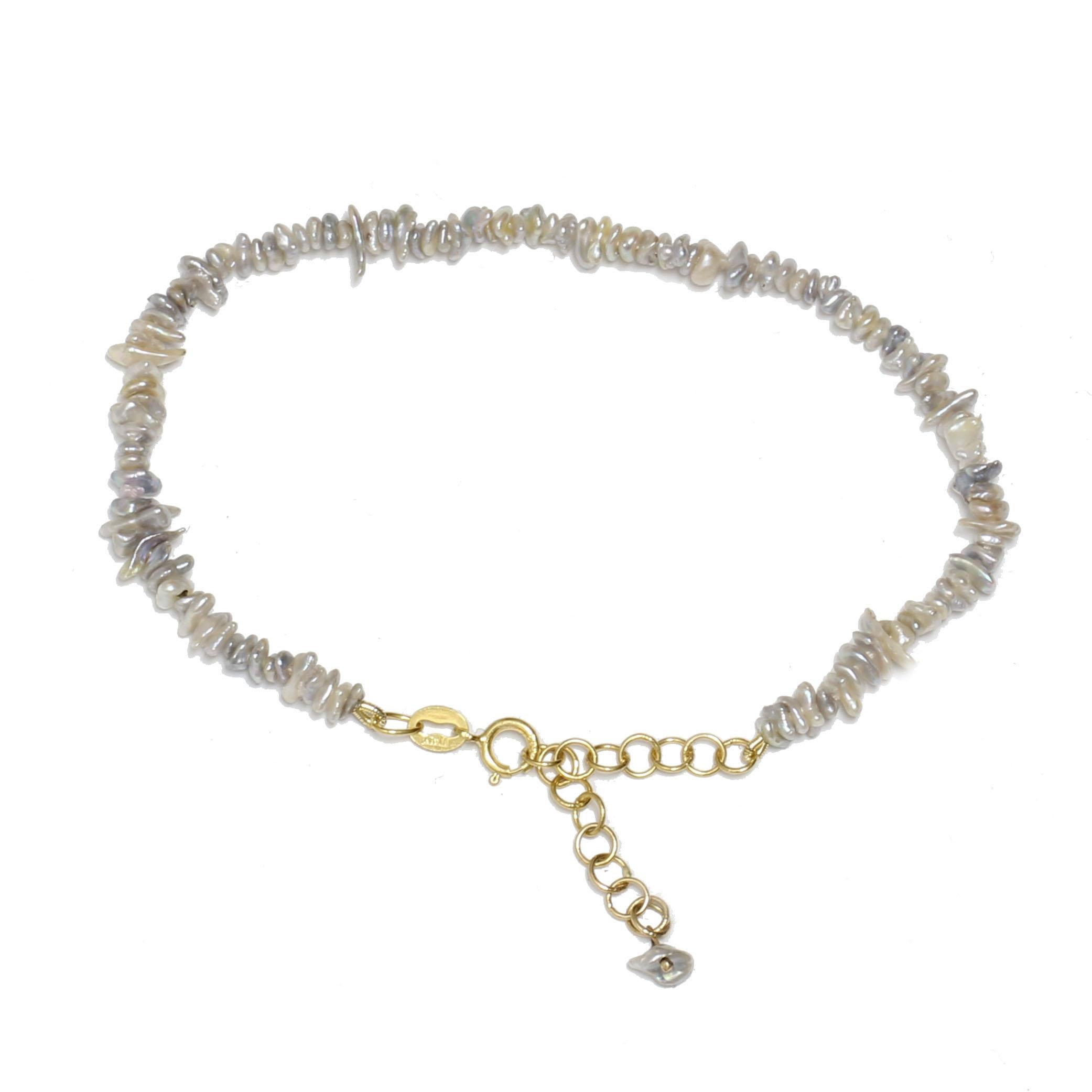 Baroque Akoya Keshi Bracelet de perles baroques en argent bleu et or jaune 14 carats de 3 à 4 mm en vente