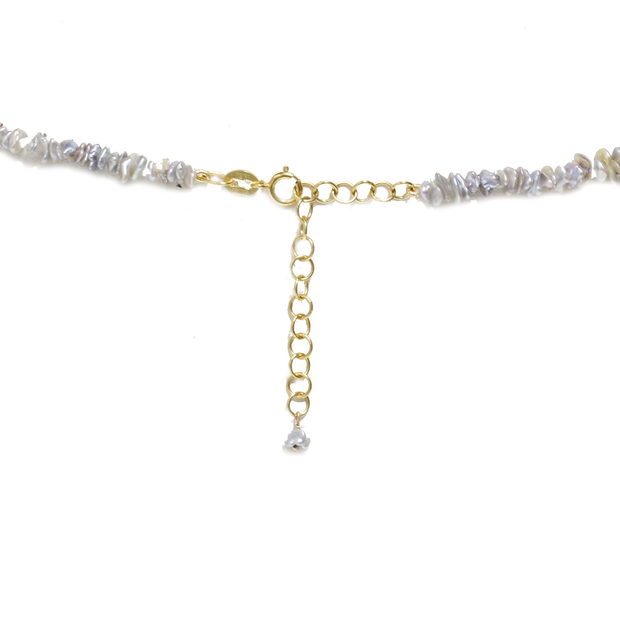 Baroque Akoya keshi Collier de perles baroques en argent bleu et or jaune 14 carats de 3 à 4 mm  en vente