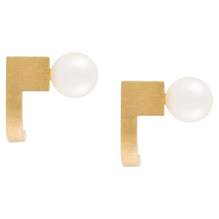 Freshwater Pearl 18k Fine Gold square curve Earrings  For Sale