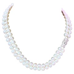 Collier Akoya en or 14 carats avec 2 rangs de perles et diamants certifiés