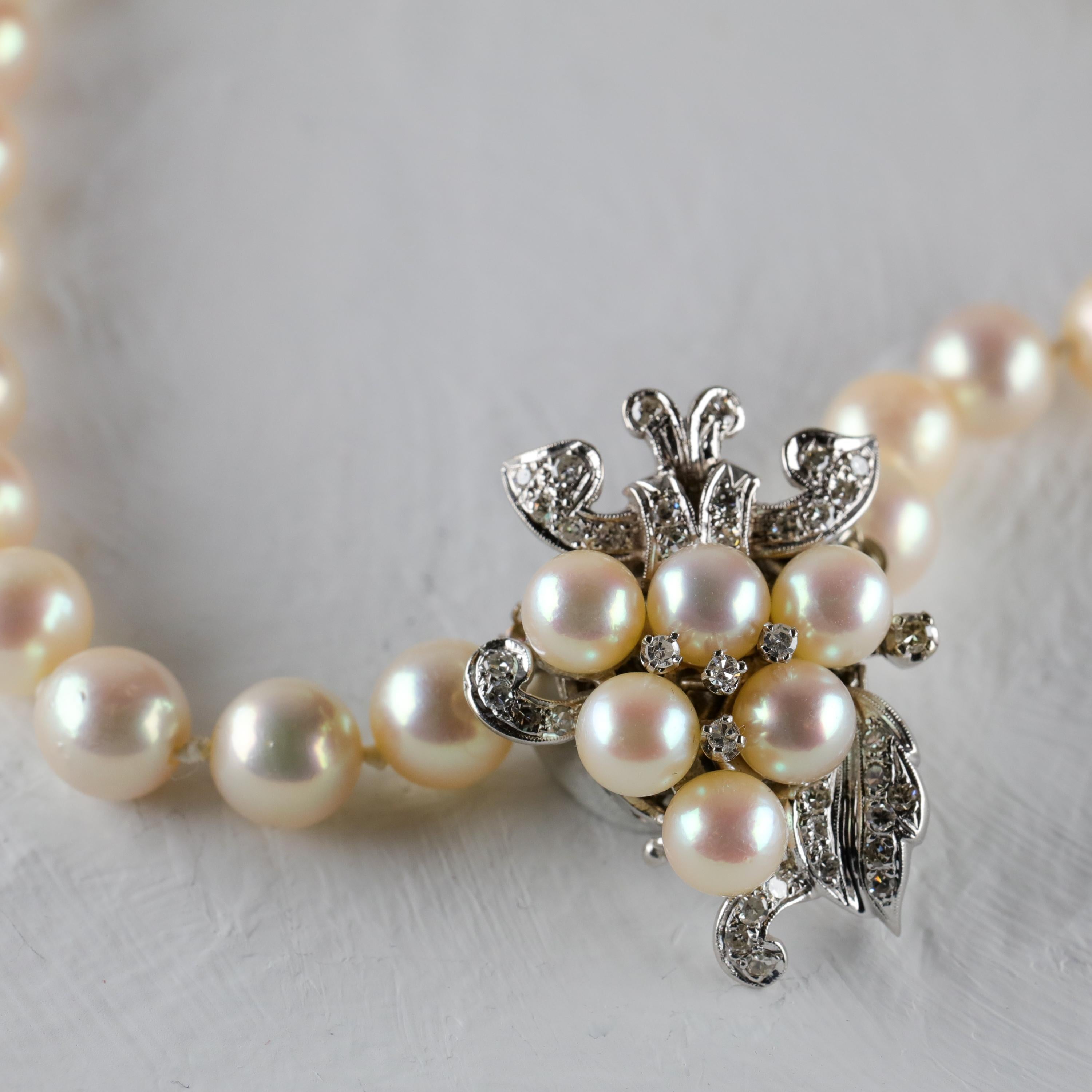 Retro Akoya Pearl Necklace with Diamond Clasp Midcentury