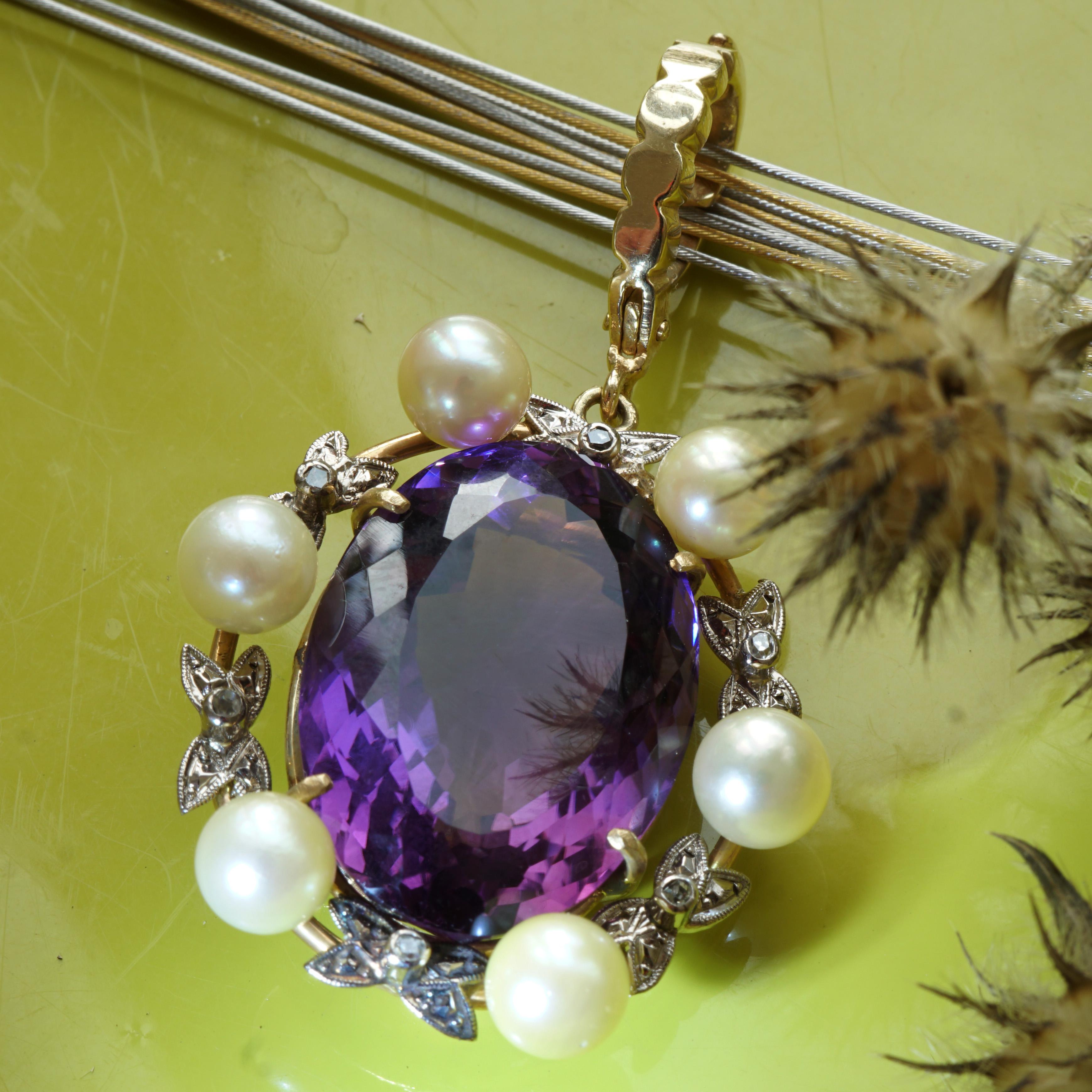 Akoya Pearl Amethyst Pendant 14 Grams Yellow Gold Great Vintage Jewelry 25 Ct For Sale 4