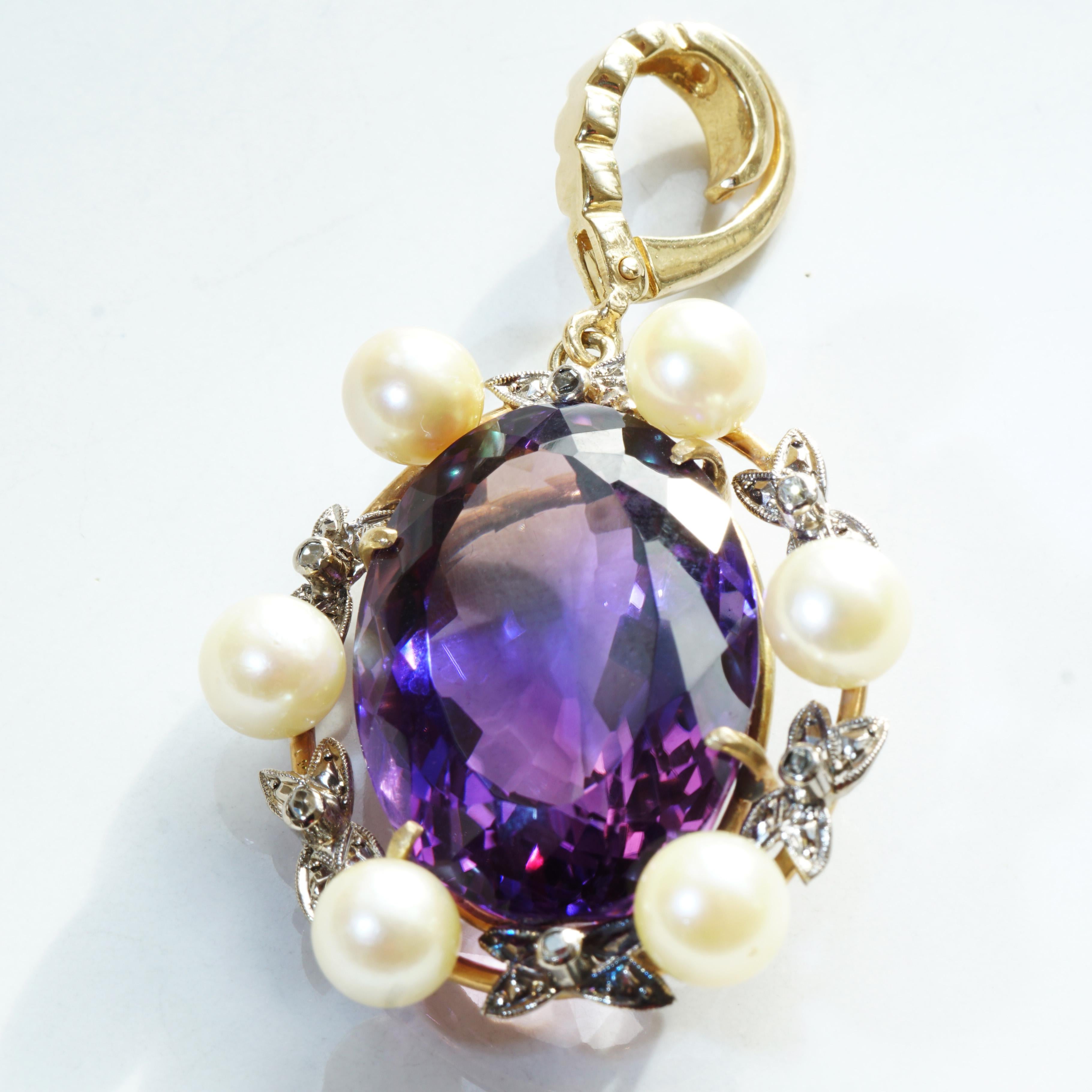 Neoclassical Akoya Pearl Amethyst Pendant 14 Grams Yellow Gold Great Vintage Jewelry 25 Ct For Sale