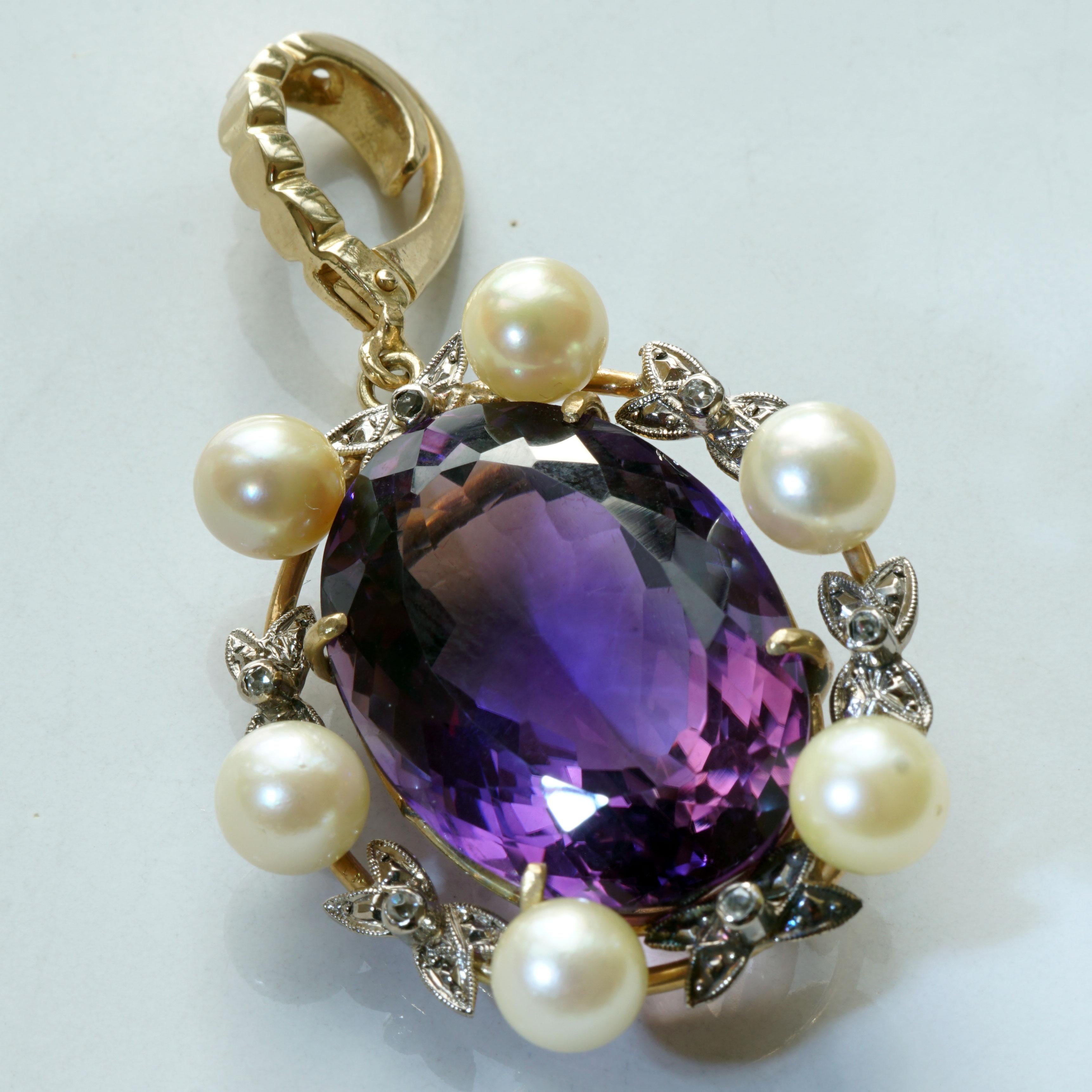 Rose Cut Akoya Pearl Amethyst Pendant 14 Grams Yellow Gold Great Vintage Jewelry 25 Ct For Sale